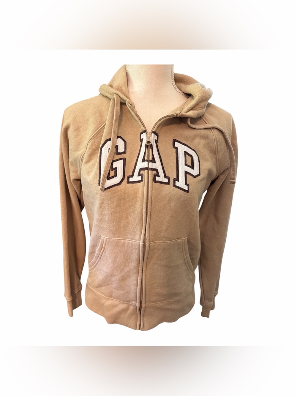 GAP Beige Full-Zip Hooded Sweatshirt with White & Brown Logo Trim